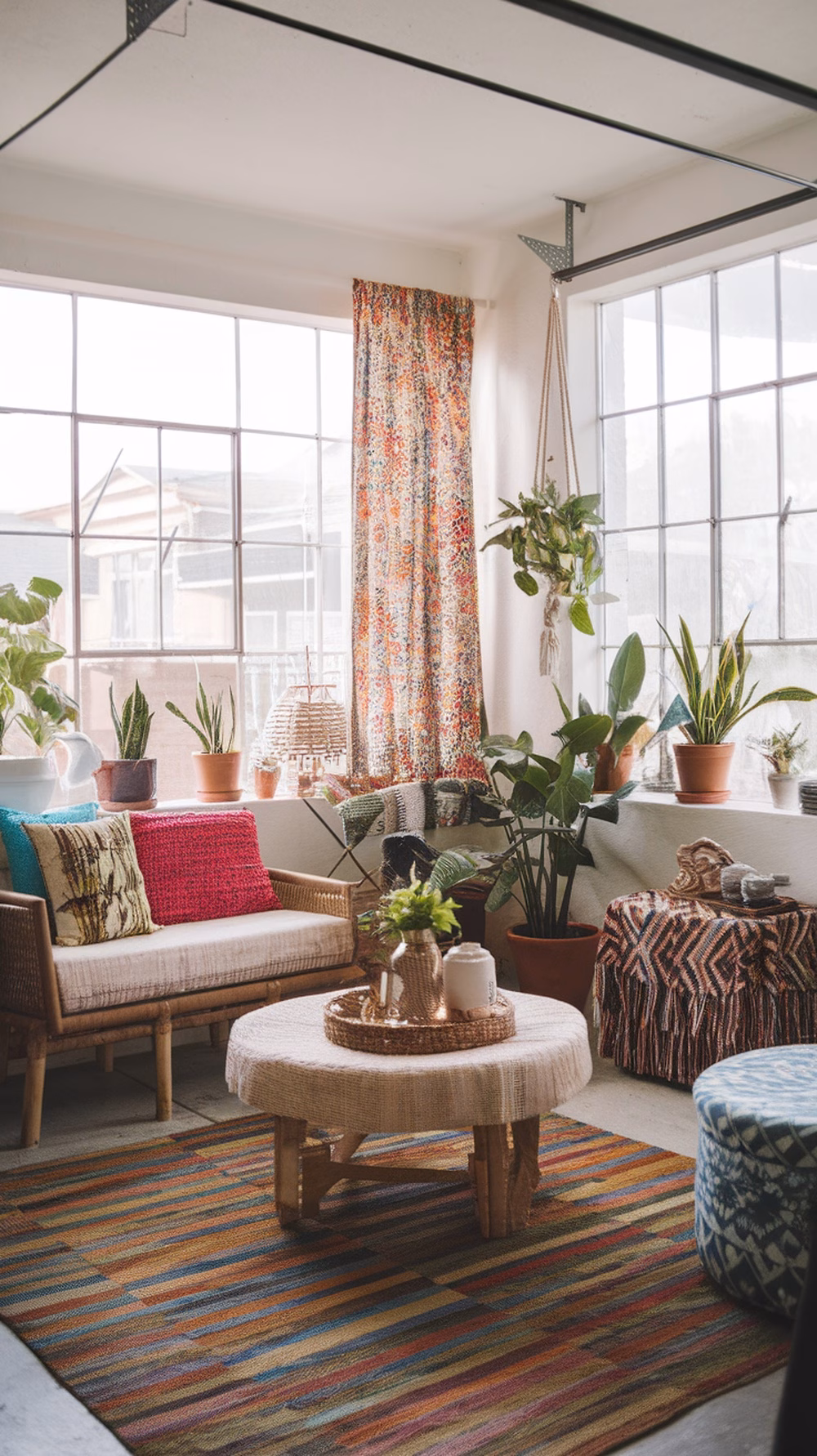 A cozy bohemian chic garage apartment with colorful cushions, plants, and a round coffee table.