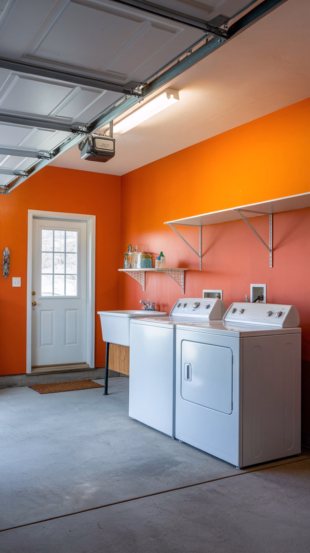 A garage laundry room featuring a vibrant orange accent wall with white appliances.