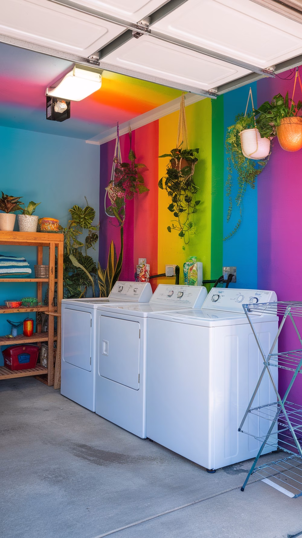 A colorful garage laundry room with a rainbow wall and plants.