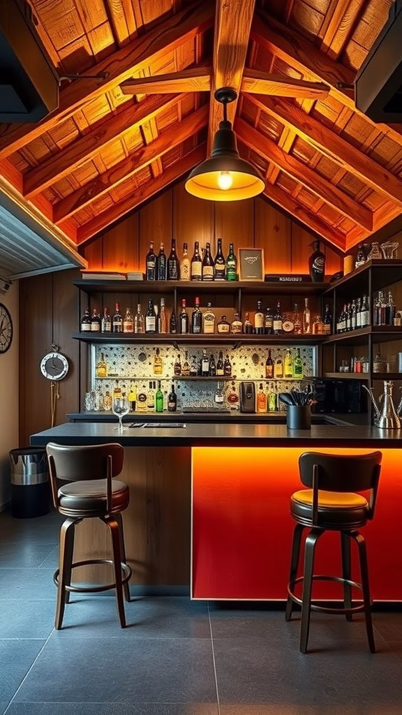 Stylish home bar setup in a garage attic with wooden beams and warm lighting