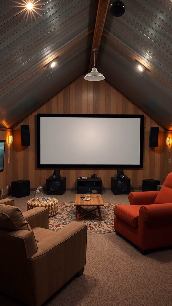 Cozy home theater setup in a garage attic with a large screen, comfortable seating, and modern lighting.