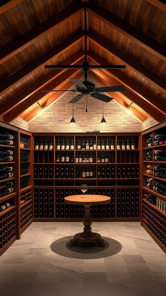Cozy wine cellar in a garage attic with wooden shelves, bottles, and a central table.