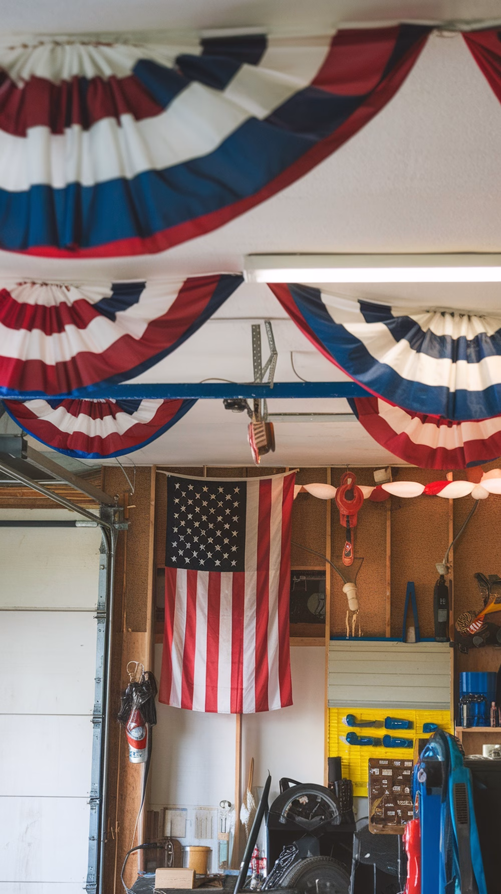 A decorated garage with red, white, and blue bunting and an American flag for a 4th of July celebration.