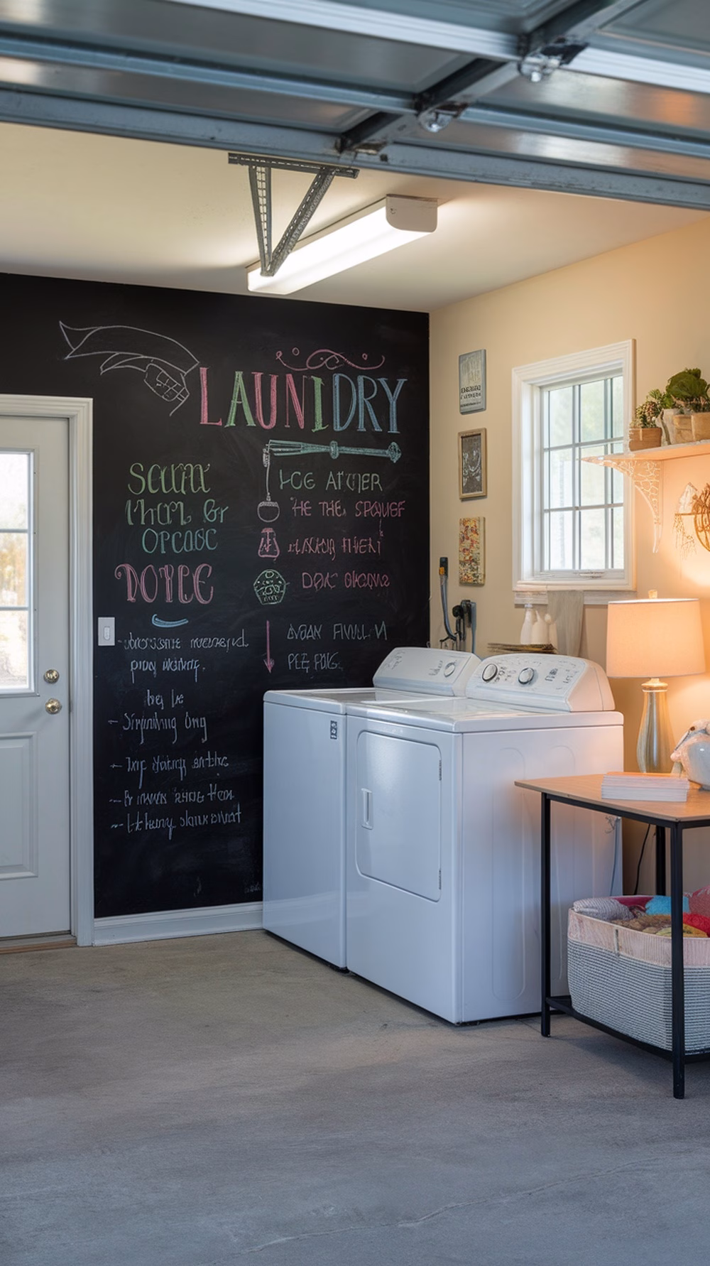 A garage laundry room with a chalkboard wall, white appliances, and decorative elements.