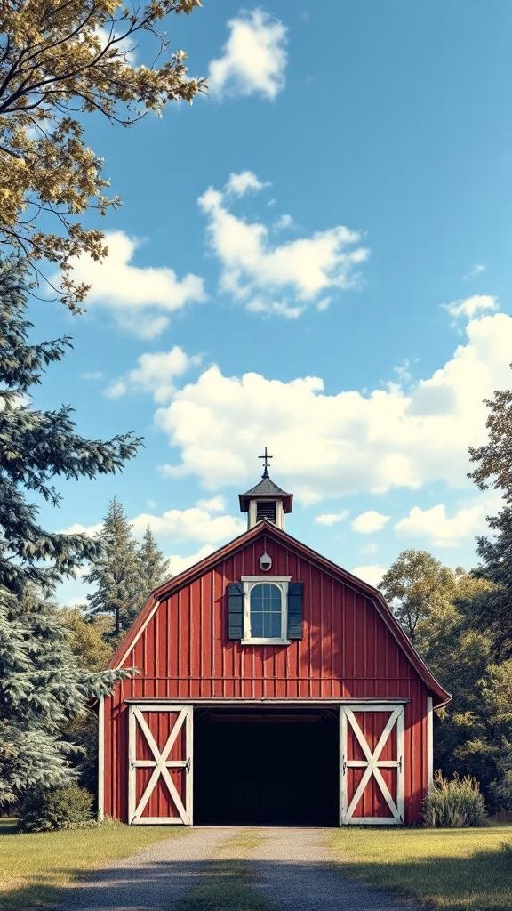 A red barn-style garage with a cupola on top, surrounded by trees and a blue sky.