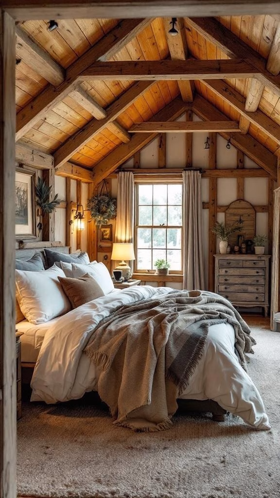 Cozy guest suite in a barndominium with wooden ceiling and soft bedding.