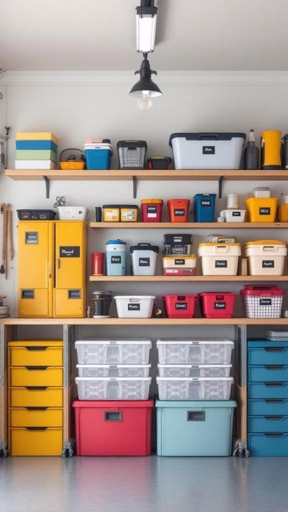 A well-organized garage with colorful storage bins and shelves.
