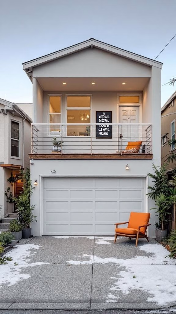 Stylish rental unit above a garage with a balcony and orange chair