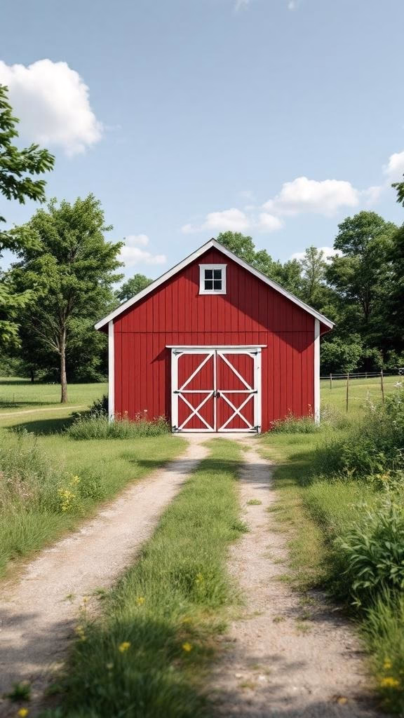 A classic red barn with white trim, set against a green landscape.