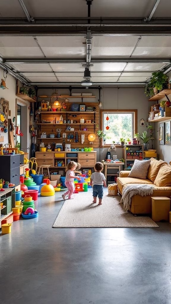 A converted garage play area for kids with colorful toys and a cozy couch.