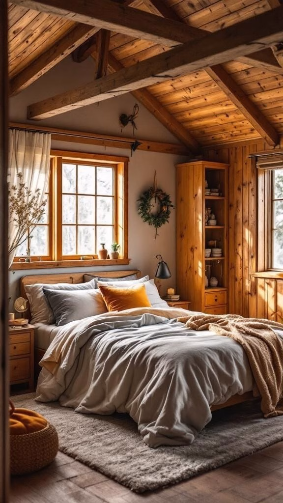 Cozy bedroom with wooden beams, soft linens, and natural light