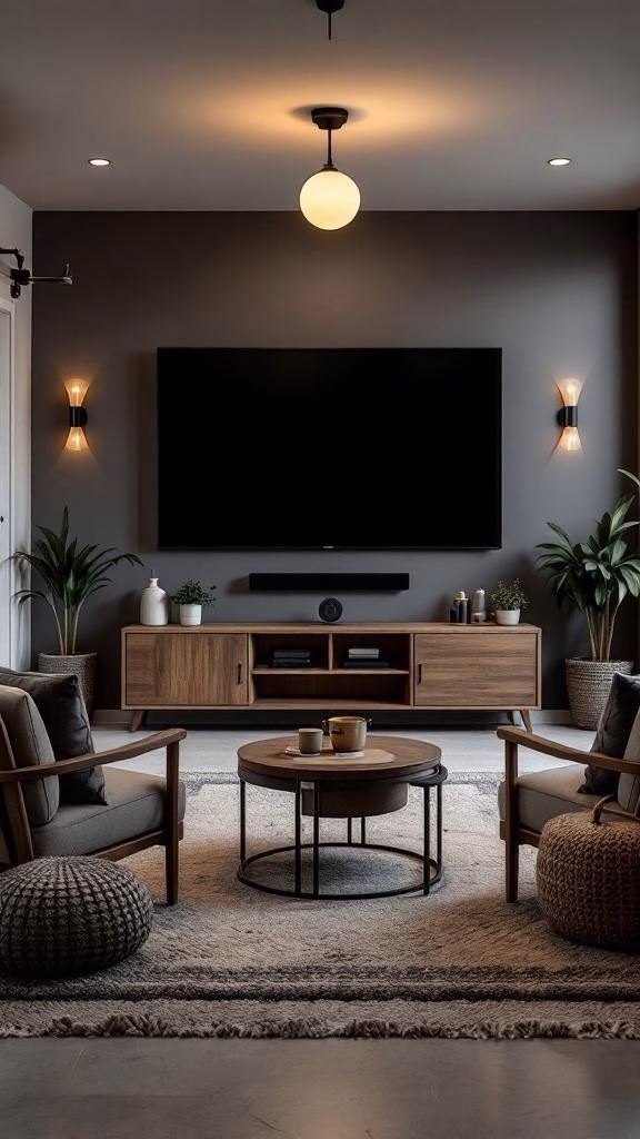 Cozy garage entertainment area with comfortable seating, a coffee table, and a large TV.