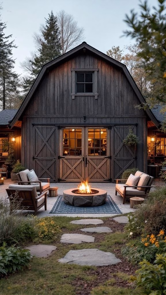 Cozy outdoor patio space with seating around a fire pit in front of a barn-style garage.