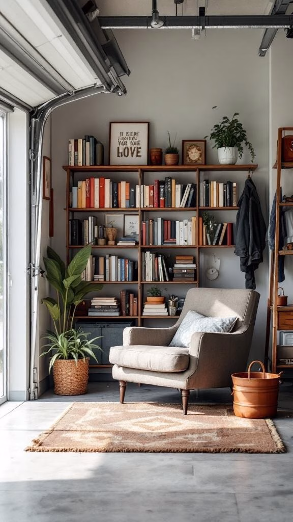 A cozy reading nook in a garage with a comfortable chair, bookshelf, and plants.