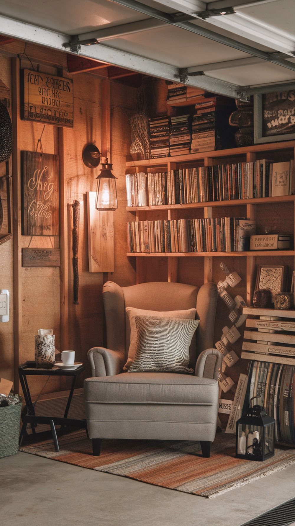 Cozy reading nook in a garage with a comfortable chair, bookshelves, and soft lighting.