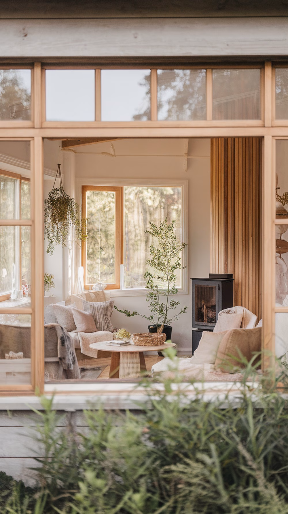 Cozy Scandinavian garage apartment interior with large windows, wooden accents, and plants