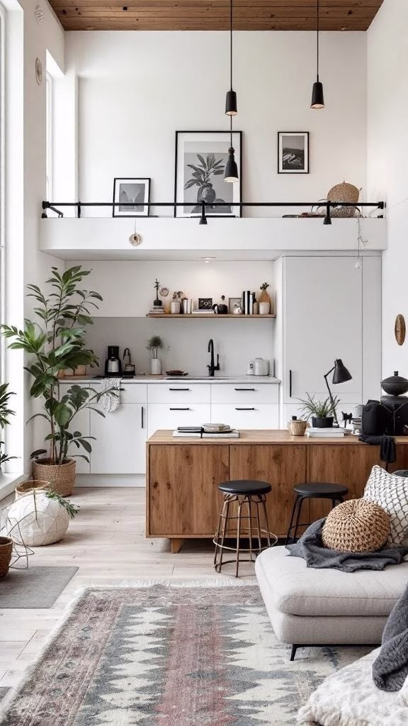 Cozy studio apartment above a garage with a modern kitchen and living area.