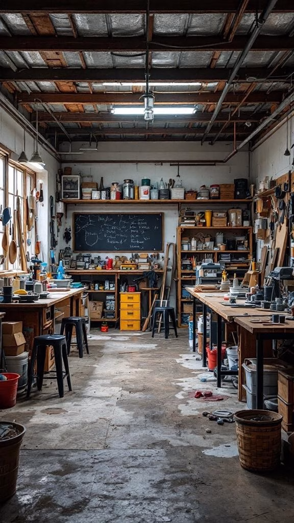 A well-organized garage workshop with tables, tools, and a chalkboard.