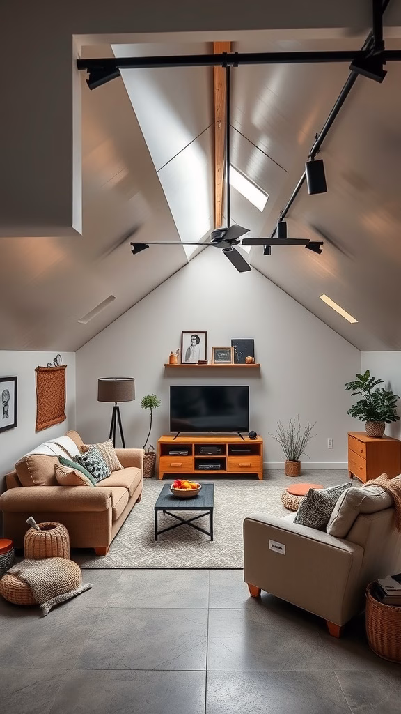 Cozy family room in a garage attic with soft couches, a TV, and decorative plants.