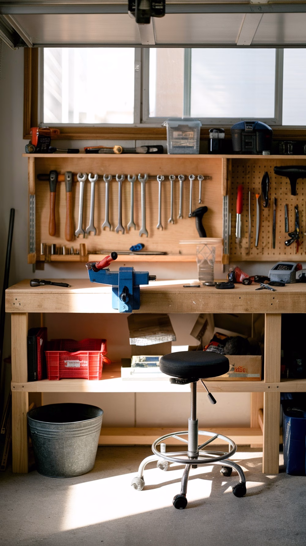 A well-organized garage workbench with tools on a pegboard and a comfortable stool.