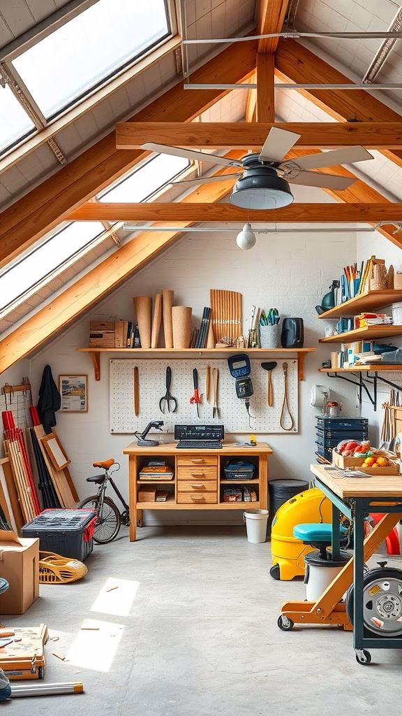 A bright and organized attic workshop with tools, a workbench, and natural light.