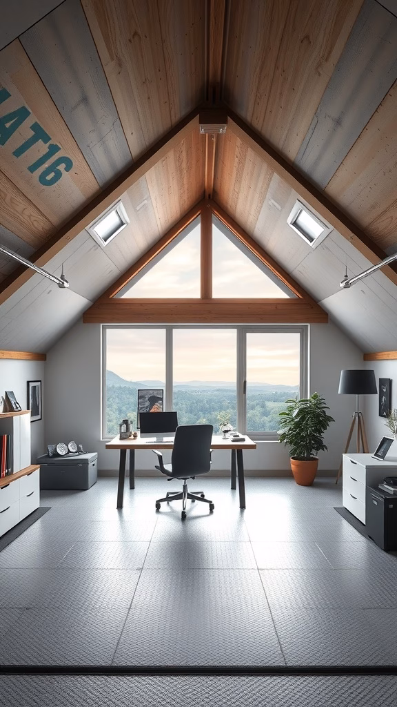 A modern attic office with large windows, wooden beams, and a desk overlooking a scenic view.