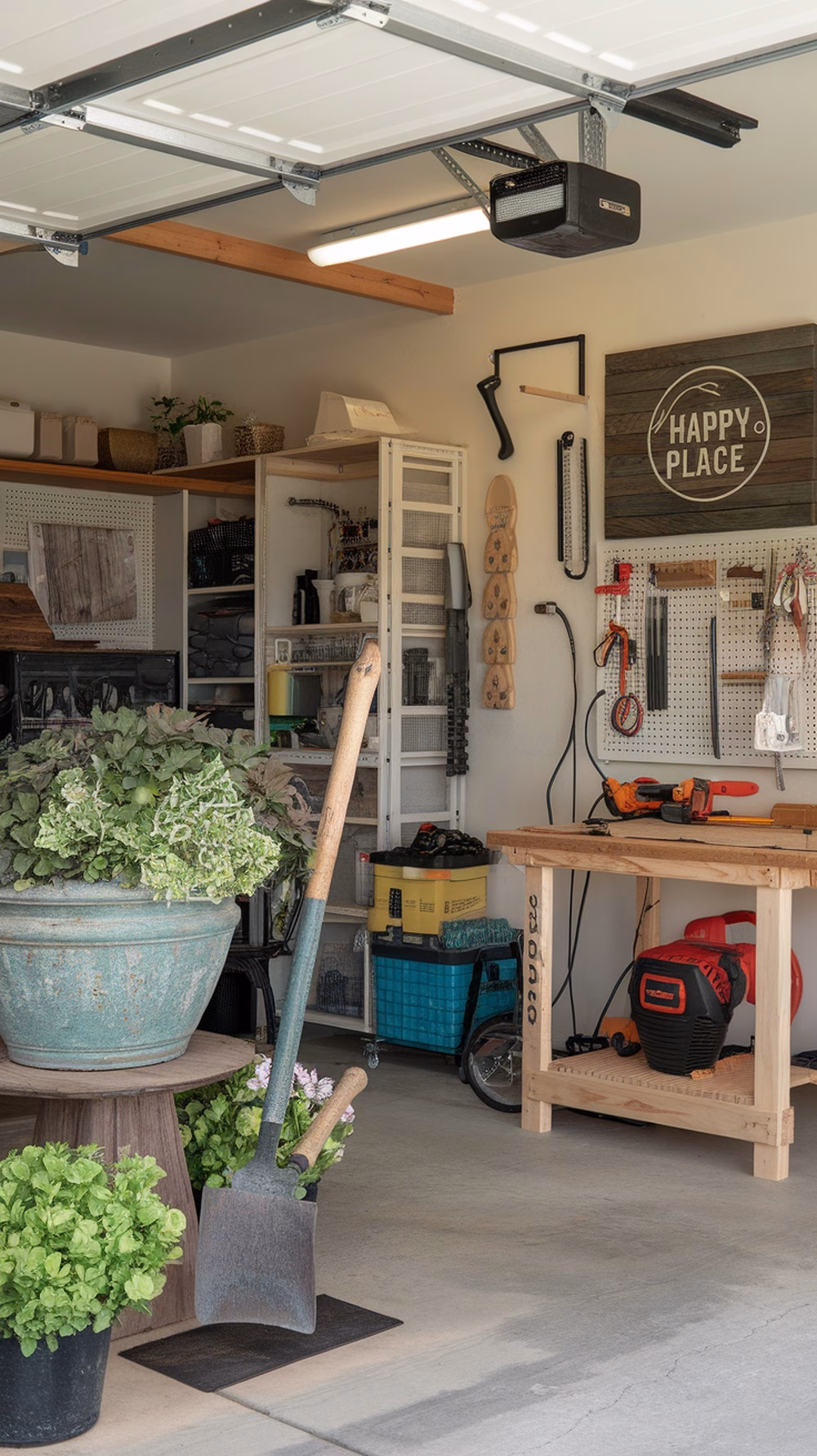 A well-organized garage with a workspace, plants, and tools, creating a multi-purpose hobby space.