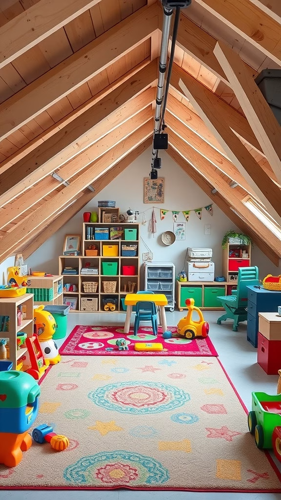 A colorful attic playroom for kids with toys, a rug, and shelves.