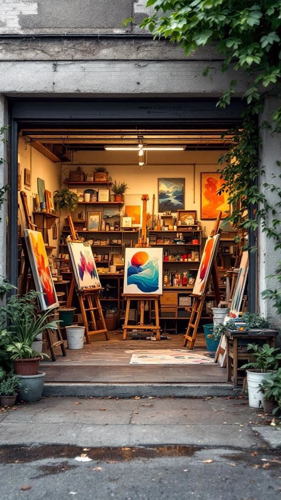 A garage transformed into a creative art studio with colorful paintings and art supplies.