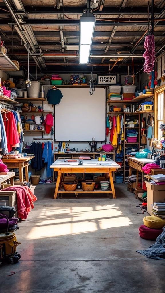 A bright and organized garage space designed for crafting, featuring shelves filled with colorful supplies and a central work table.