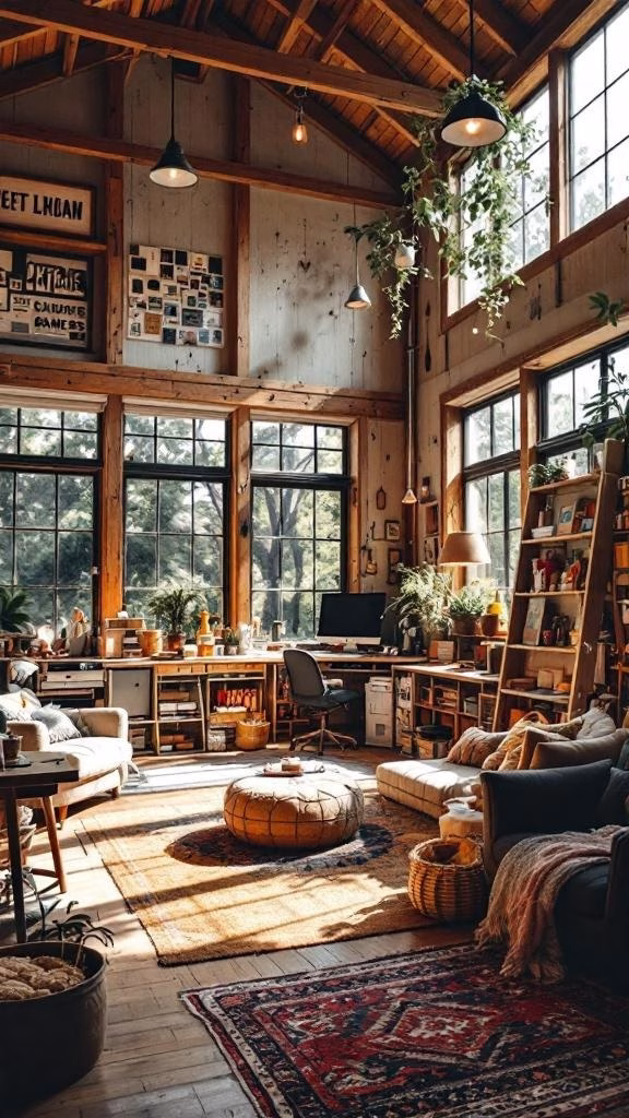 A cozy loft space with large windows, plants, and a comfortable seating area.