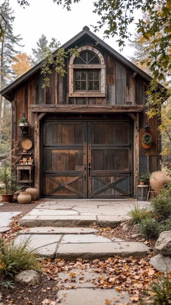 A rustic barn-style garage with reclaimed wood and vintage elements.