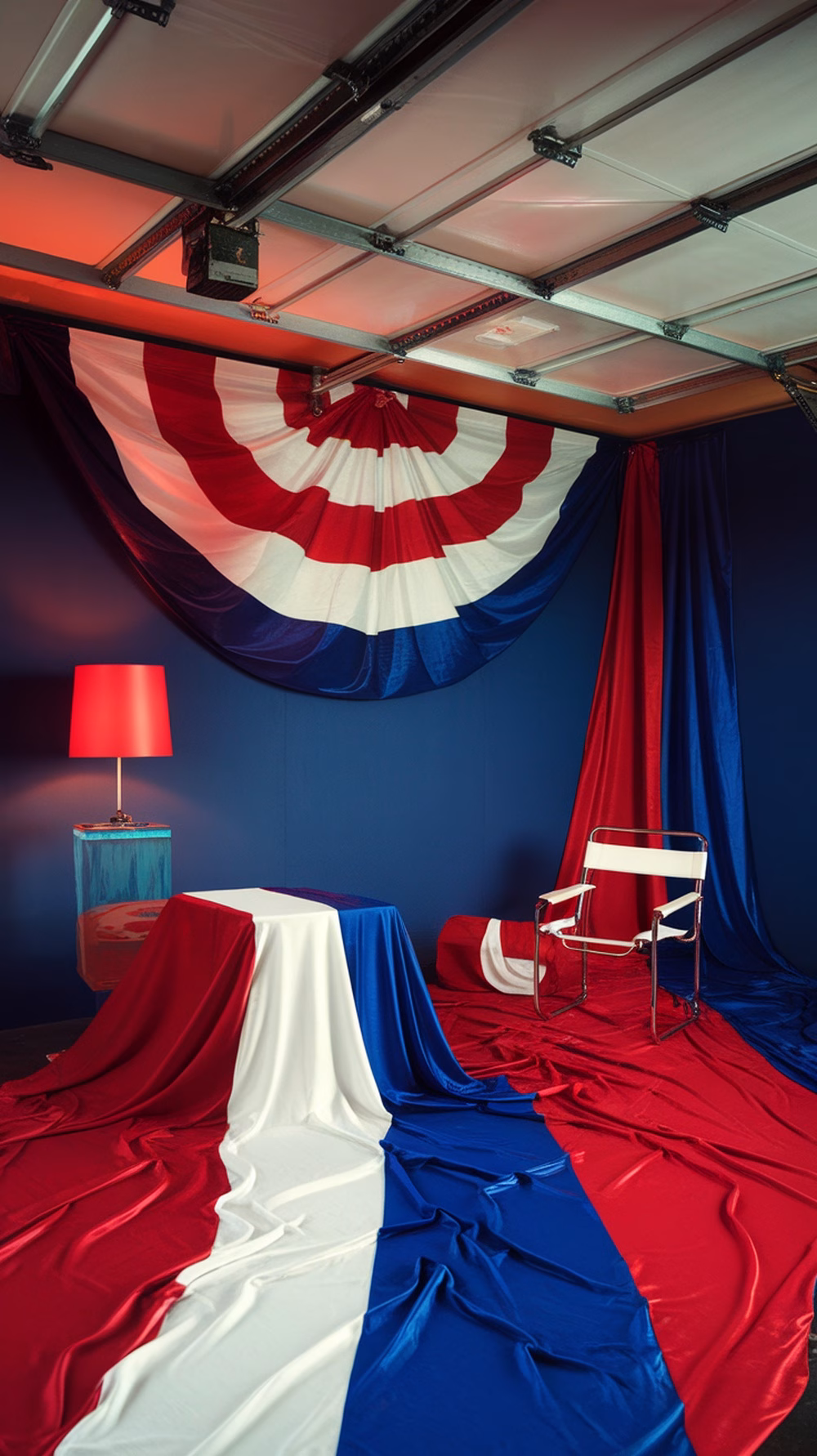 A garage decorated with red, white, and blue fabric for a 4th of July party, featuring draped fabrics and a lamp.