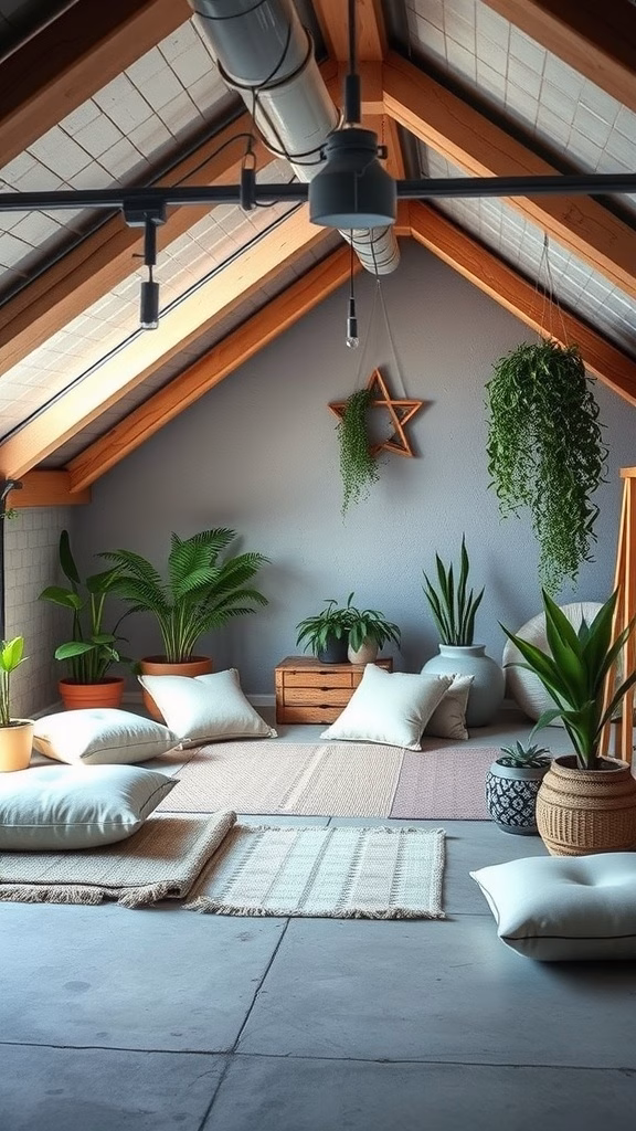 A serene meditation space in a garage attic with cushions, plants, and natural light.