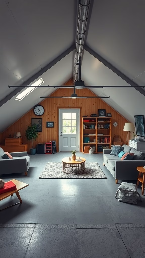 Cozy garage attic with comfortable seating, a coffee table, and wooden accents.