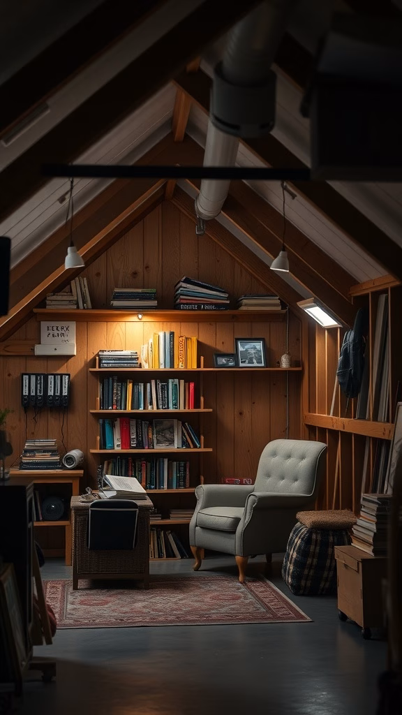 Cozy reading nook in a garage attic with bookshelves, a comfortable chair, and warm lighting.