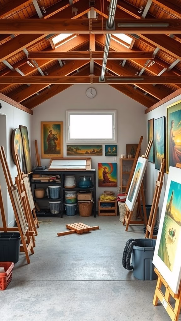 A spacious garage attic art studio with easels, artwork, and organized storage.