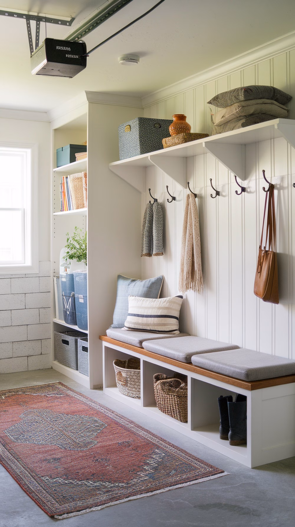 A stylish mudroom featuring a bench, hooks for coats, storage baskets, and a cozy rug.
