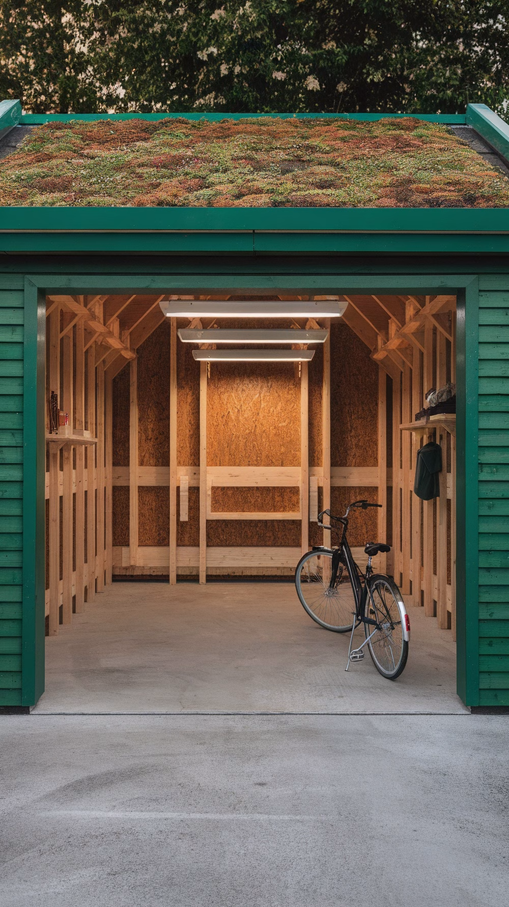 A sustainable garage with a green roof and simple wooden interior, featuring a bicycle inside.
