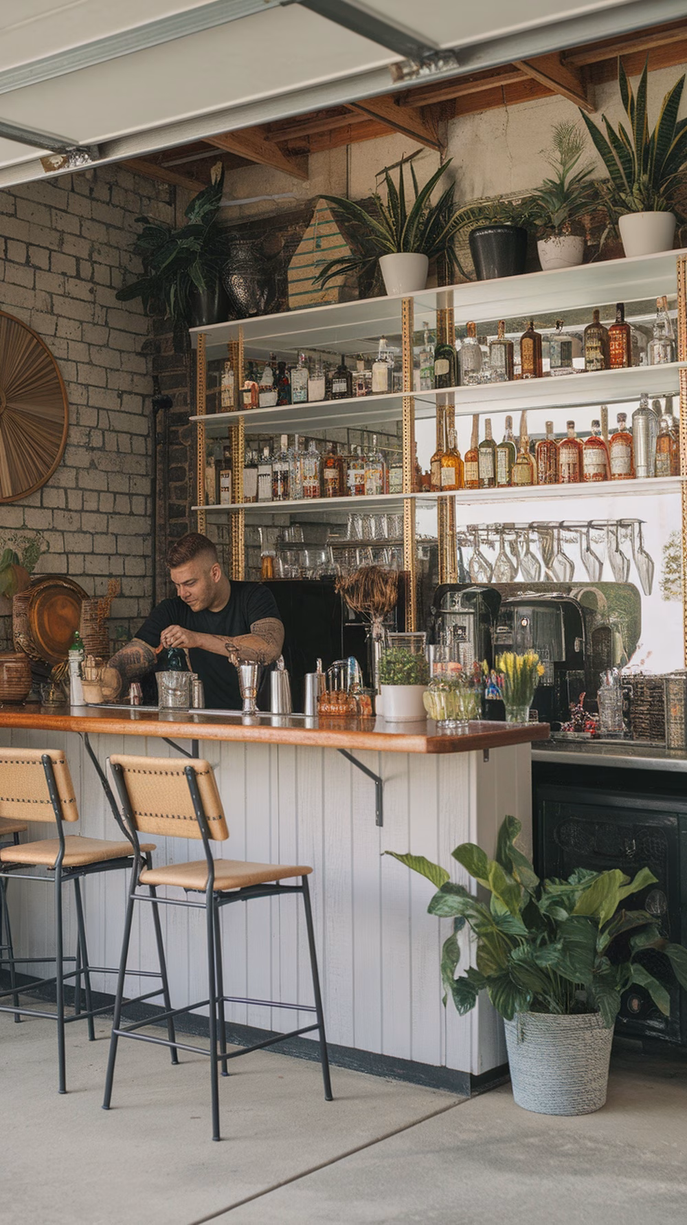 A stylish DIY bar setup in a garage with shelves of spirits and a bartender preparing a cocktail.