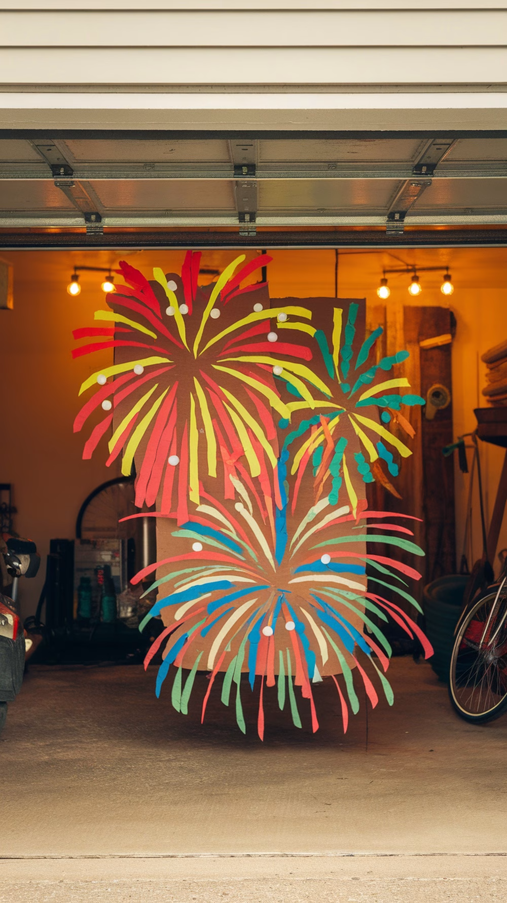 Colorful firework-themed wall art made from paper in a garage setting.