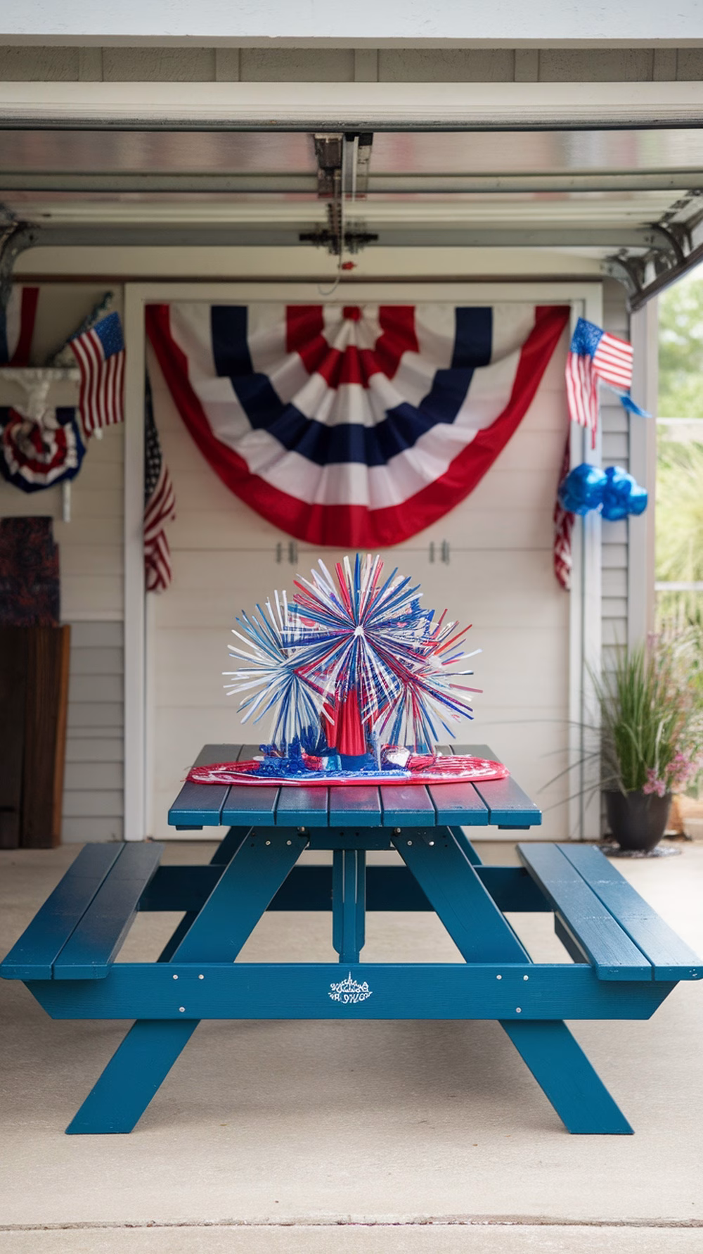 A colorful DIY fireworks centerpiece on a picnic table, surrounded by patriotic decorations in a garage.