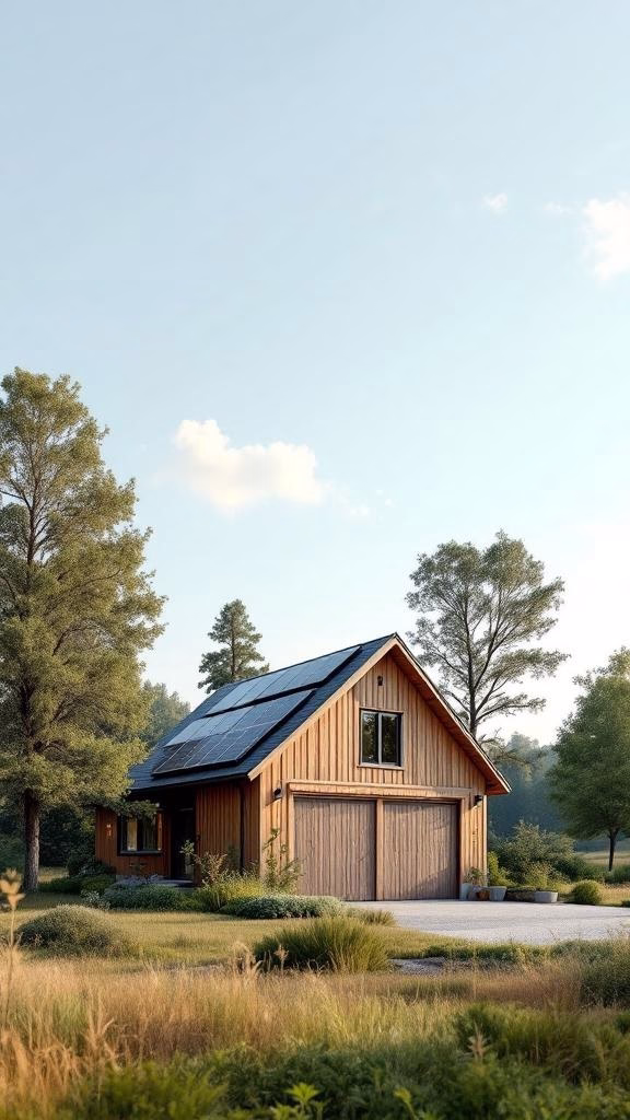 Eco-friendly barn-style garage with solar panels and wooden exterior.