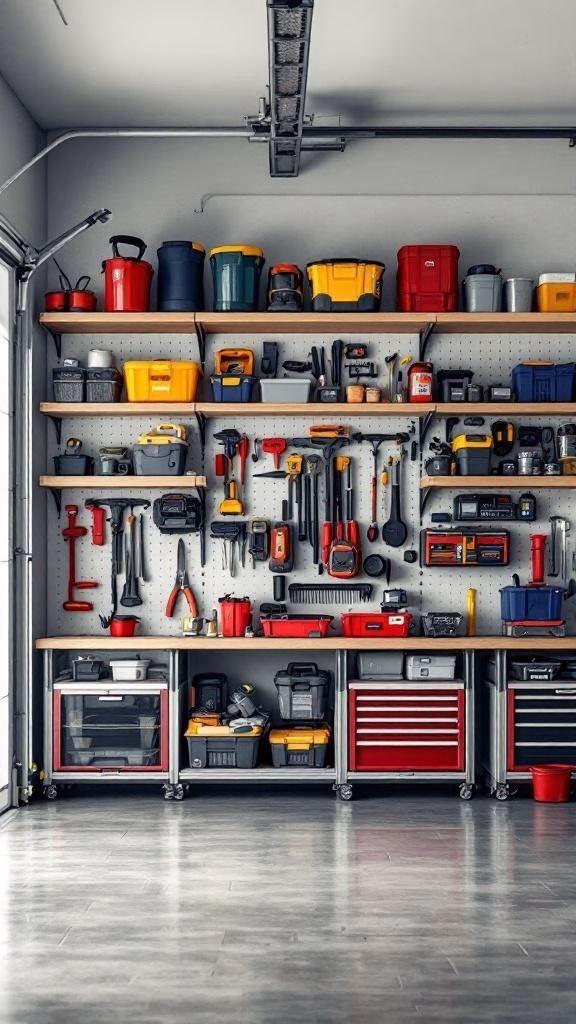 Organized garage with tools and storage bins on shelves