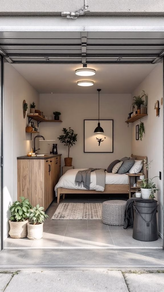 Cozy studio with a bed and kitchenette in a garage setting
