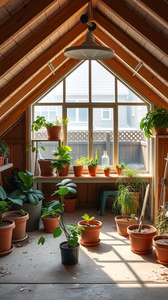 A bright garage attic transformed into a greenhouse with various potted plants and a large window.