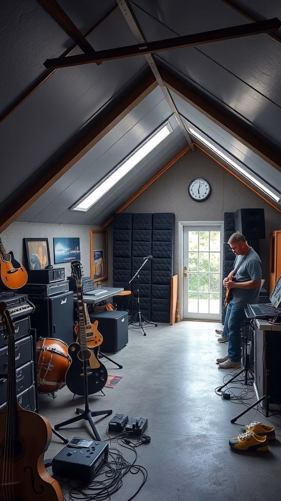 A music room in a garage attic with guitars, amplifiers, and a drummer's setup.