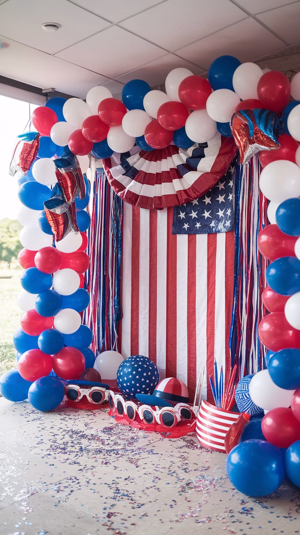 A festive photo booth corner decorated with red, white, and blue balloons, an American flag backdrop, and fun props for a 4th of July party.