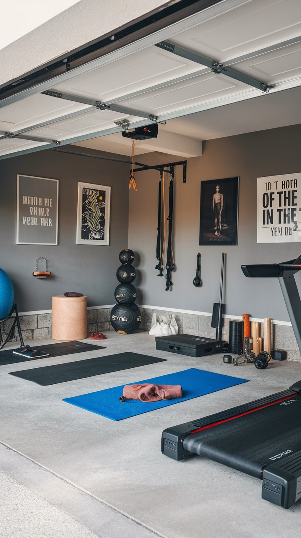 A garage fitness zone featuring workout equipment like a treadmill, yoga mats, and weights.