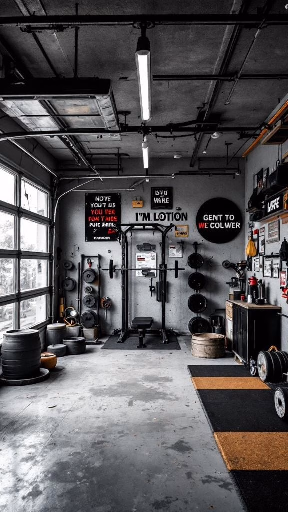 A functional fitness space in a garage with gym equipment and motivational quotes on the walls.